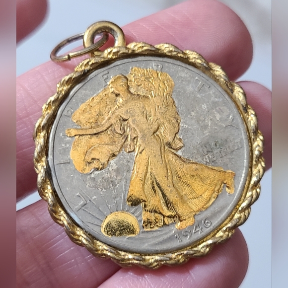 1946 walking Liberty half dollar coin necklace pendant gold pl genuine coin vtg - Picture 1 of 7